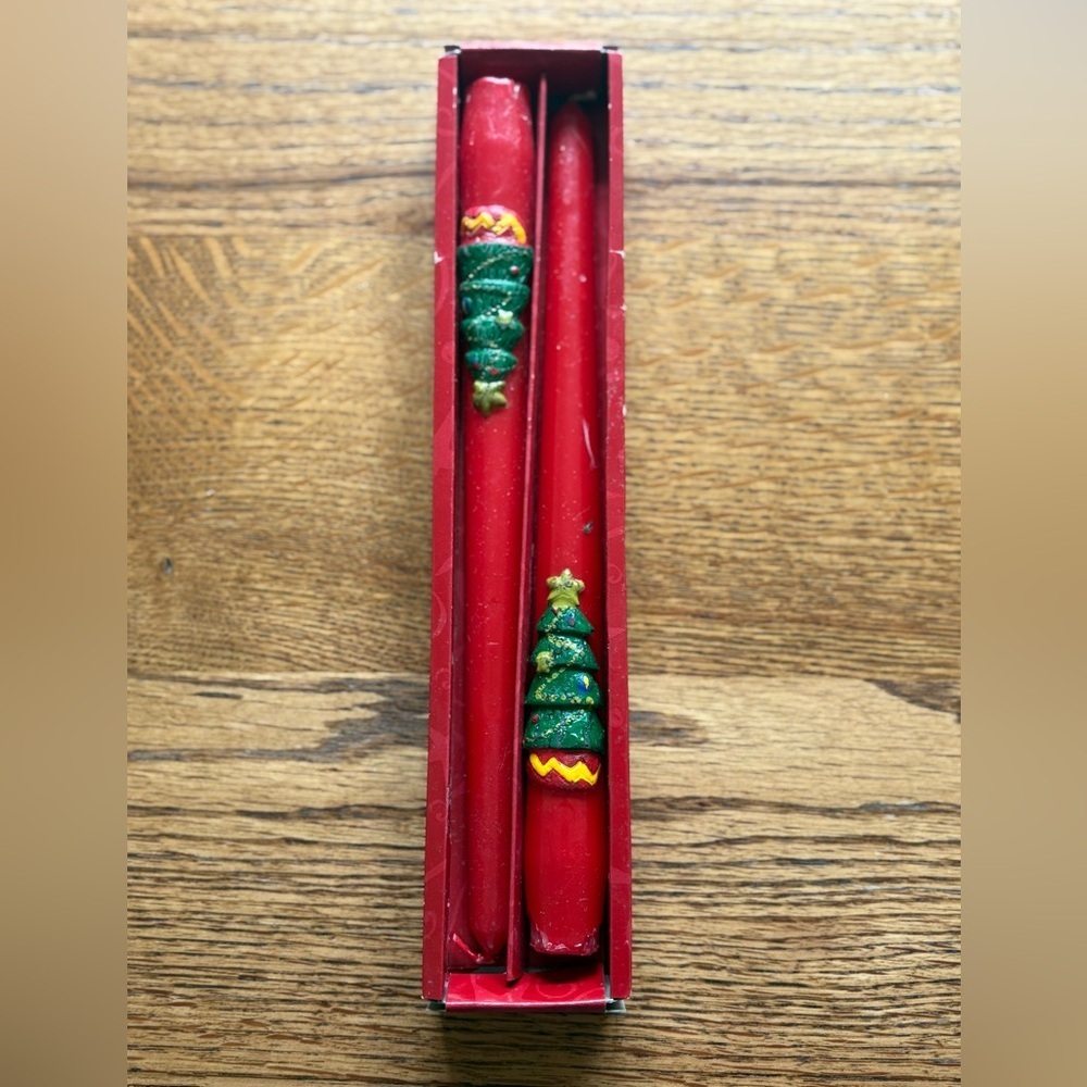 Pair of Vintage Red candles with Christmas Tree